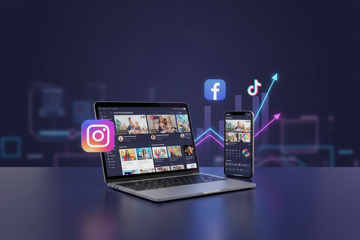 Premium hero banner image for a social media management service.
Modern desk with a laptop and smartphone showing social media feeds (Instagram, Facebook, TikTok).
Floating social media icons, content creation tools, engagement graphs.
Purple and dark theme with soft gradients.
High-end digital agency look.
Minimalist and professional aesthetic.
Empty space in the middle for headline text.
Ultra high resolution.
Aspect ratio 16:9.
